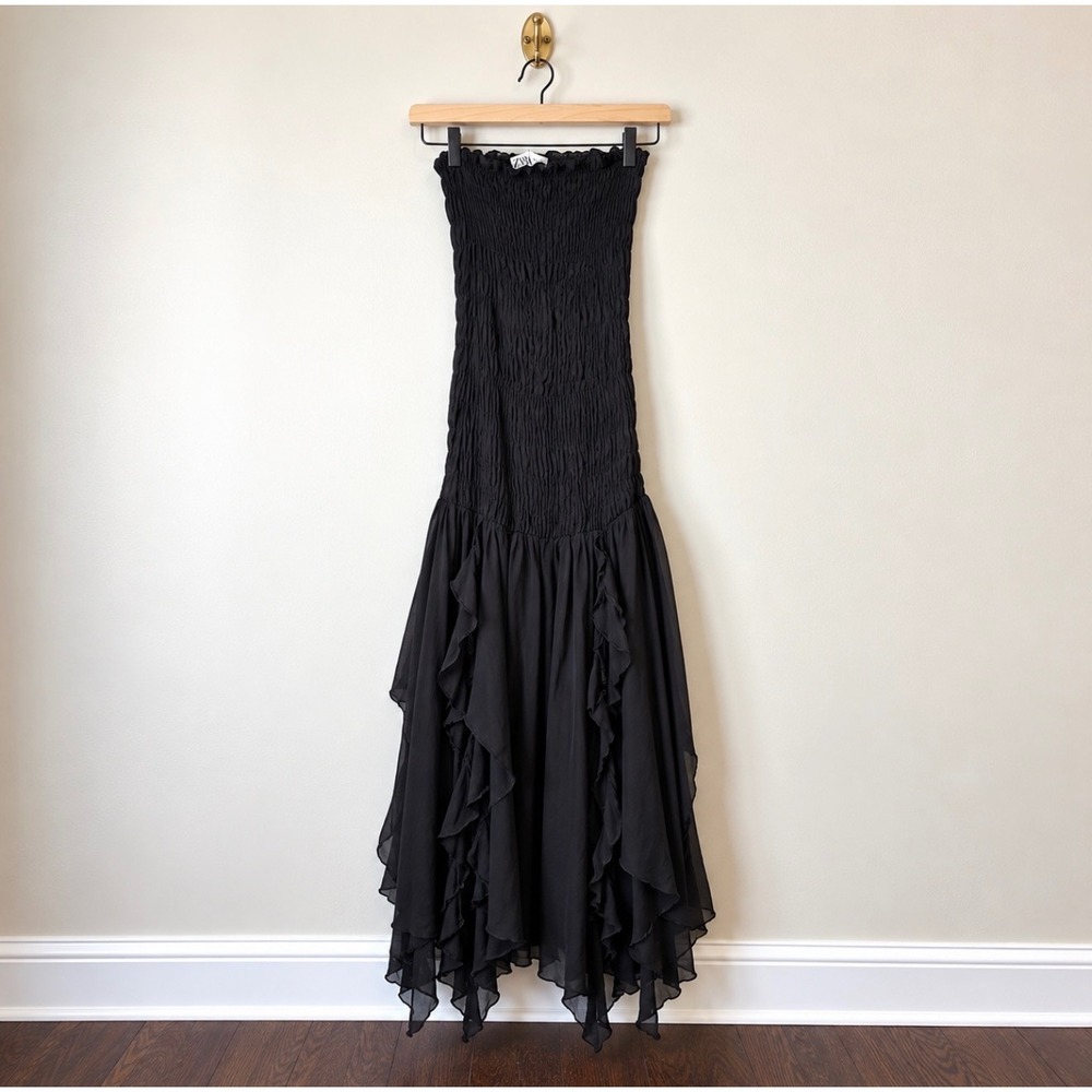 Zara Black Smocked Strapless Ruffle Handkerchief Hem Maxi Dress Small